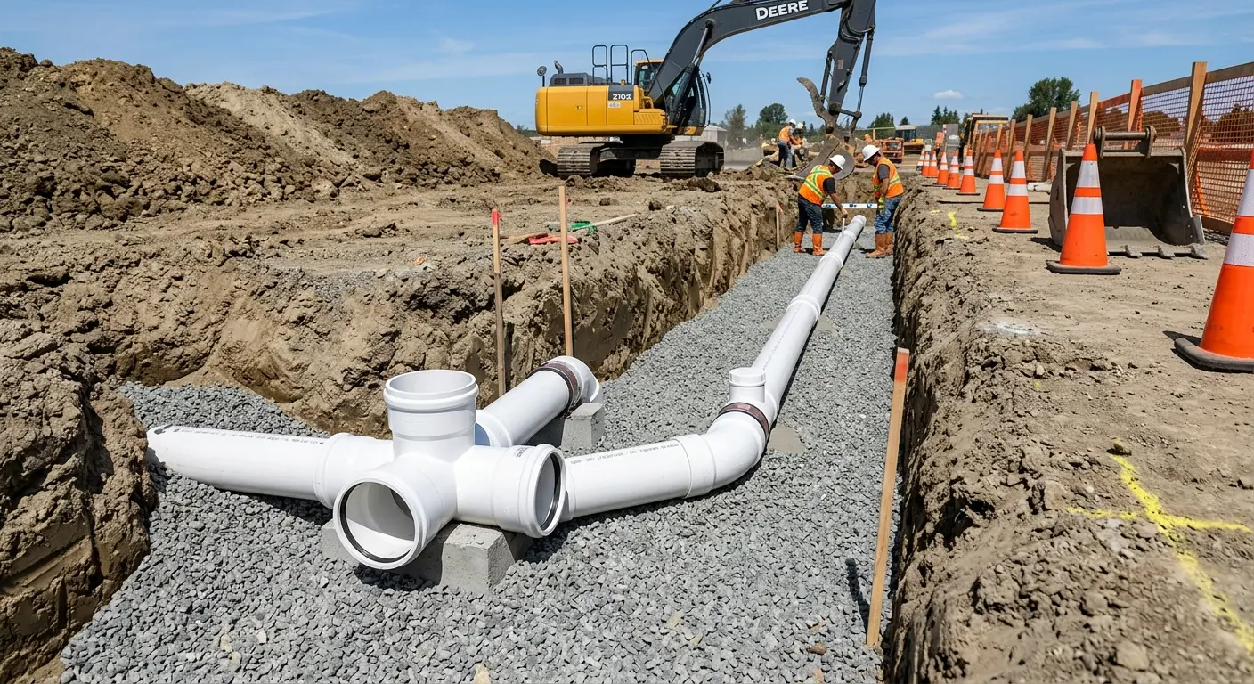 New PVC sewer pipe installation in open trench for Sewer Backup in Kahului