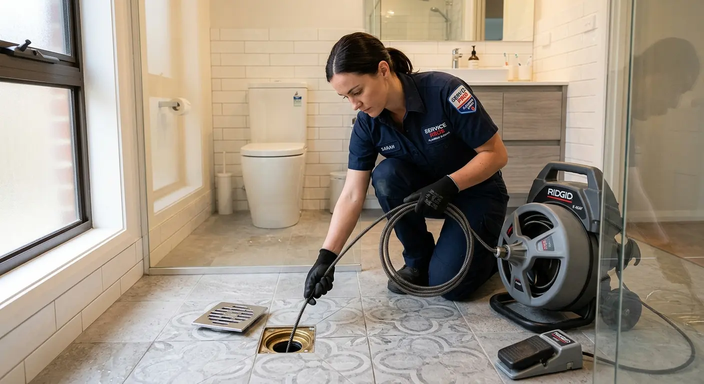 Technician clearing a bathroom floor drain for Sewer Line Replacement in Kahului